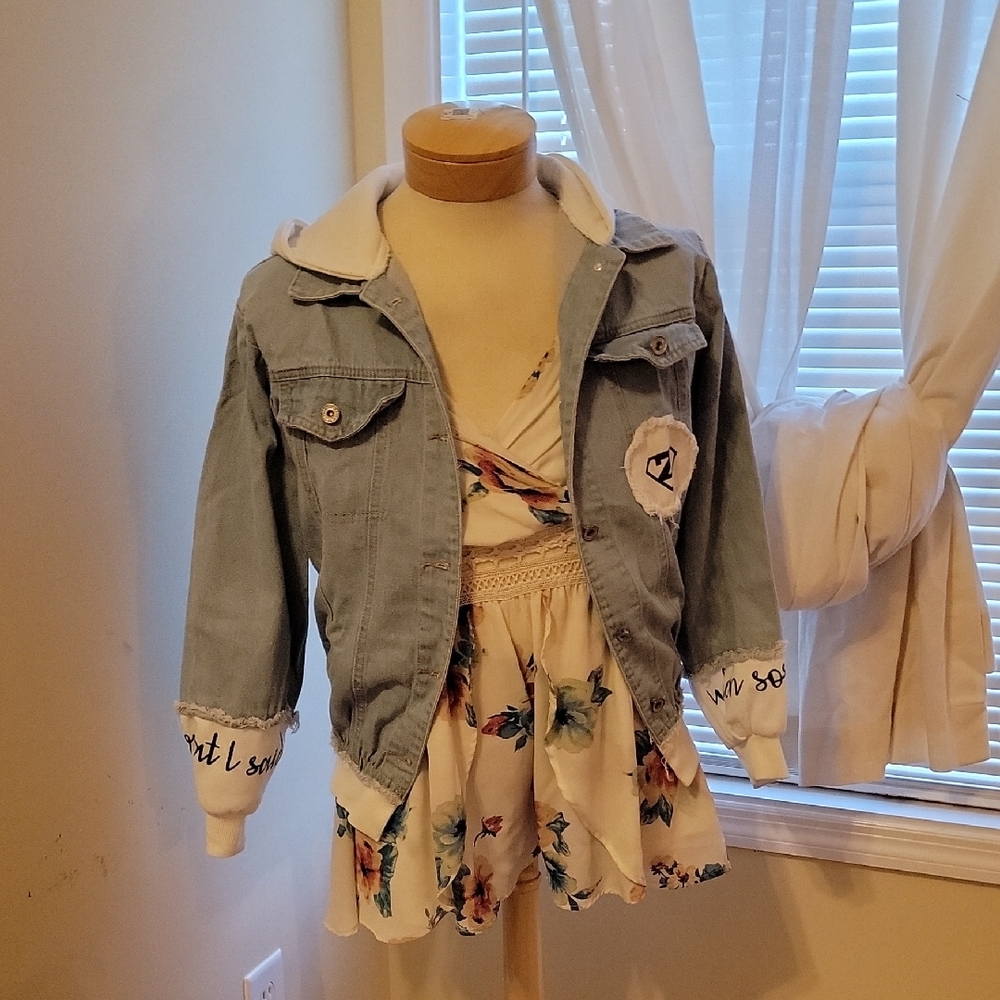 Denim Jacket with White Hoodie And White Accents. S